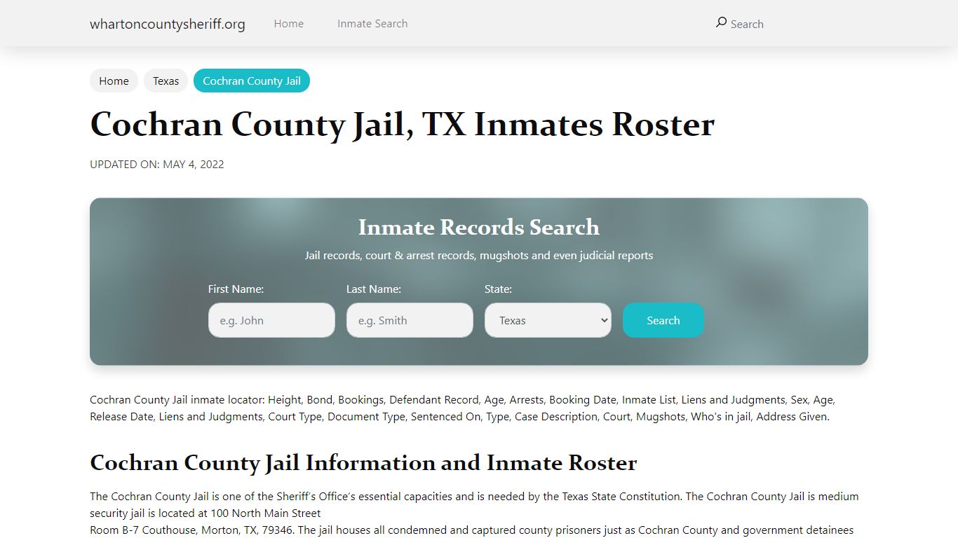 Cochran County Jail, TX Jail Roster, Name Search